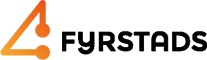 Fyrstads logo: an orange geometric triangle with circular nodes beside a bold black wordmark reading FYRSTADS.